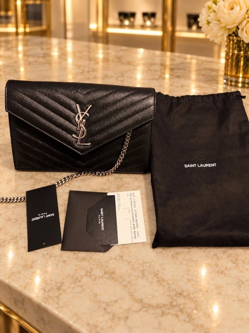 Saint Laurent Classic Cassandre Chain Wallet Black Caviar Silver HW – Like New